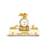 A Regency Ormolu and patinated bronze mounted white marble timepiece mantel clock, circa 1820,