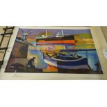 Gabrielle Couderc, Cargo Ship in sete,lithograph in colours,