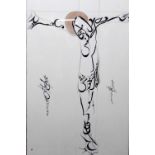 Ameena (contemporary), Crucifixion, ink and watercolour, signed (twice), 101cm x 67cm.