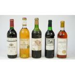 Five bottles of wine comprising; 1983 Chateau Les Elliez Bordeaux, 1986 Stellenryck,