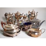 A quantity of mostly Victorian silver plated teapots, coffee pots and jugs, (qty).