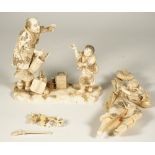 A Japanese ivory okimono group of three figures, Meiji period, signed Tadakazu, (a.f), 26cm. high.