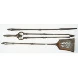 A set of three Victorian steel fire tools, with octagonal tapering handles and knopped shafts,