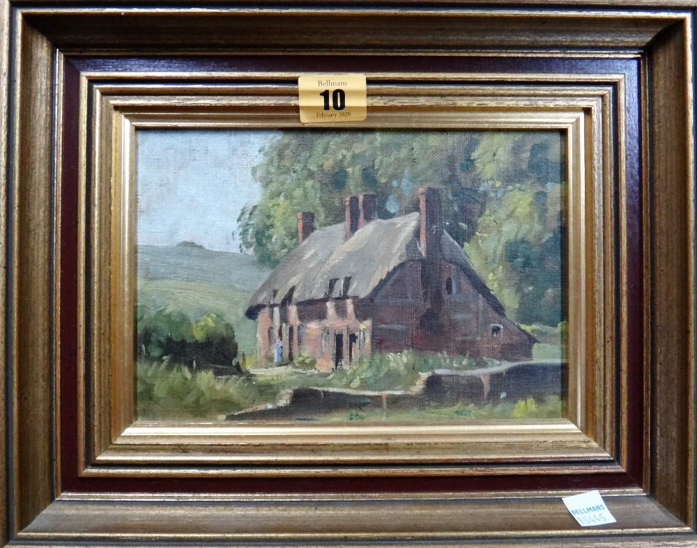 Henry Daniel (1876-1959), Cottage scene, oil on canvasboard, 10.4cm x 20cm.