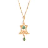 A gold, seed pearl and pale green gem set pendant, pierced in an Art Nouveau openwork design,