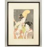 Kitagawa Utamaro ( 1753-1806), a Japanese woodblock print of three beauties, signed, 28cm. by 19cm.