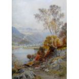 Ebenezer Wake Cook (1843-1926), Sheep on a rocky outcrop overlooking a lake, watercolour,