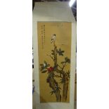 Asian scrolls, comprising; a bird on blossom, a scroll with 33 temple seals,