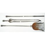 A set of three Victorian steel fire tools, with octagonal tapering handles and knopped shafts,