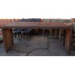 An early 20th century wrought iron drum console table, 208cm wide x 90cm high.