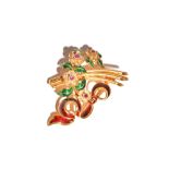 A French gold, diamond and ruby set, green and red enamelled brooch,
