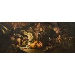 Manner of David de Coninck, Still life of rabbit, fruit and vegetables, oil on canvas, 45cm x 108cm.
