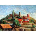 Follower of Victor Charreton, Hillside village, oil on canvas, bears a signature, unframed,