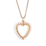 A gold and cultured pearl pendant, designed as an open heart, detailed 14 K, gross weight 6 gms,