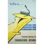 Gruau; 'Relax Compagine Maritying des Chargeurs Reunis', circa 1954, French tourism poster,