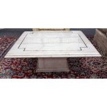 A 20th century marble coffee table, the brass inlaid square top on block column and stepped base,