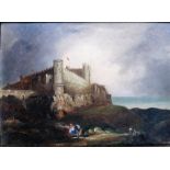 English School (19th century), View of a coastal castle, probably Bamburgh Castle, oil on panel,