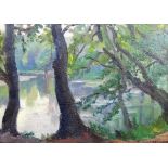 B. Temrahh? (20th century), Wooded lake scene, oil on board, signed, 33cm x 47cm.