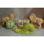 20th century ceramics, including; a pair of large Staffordshire type models of lions,