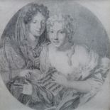 After Nikolaas Verkolje, two women, pencil, tondo, bears a signature, 15.5cm x 15.5cm.