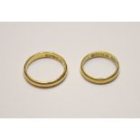 A 22ct gold wedding ring, London 1904, ring size J and a 22ct gold wedding ring, Birmingham 1923,