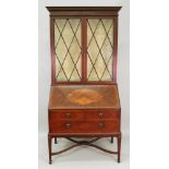 An Edwardian mahogany boxwood and ebony strung rosewood crossbanded bureau bookcase,