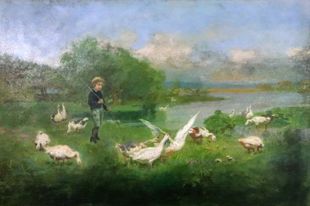 A textured reproduction colour print of a boy with geese in a landscape, 45 x 67cm.