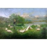 A textured reproduction colour print of a boy with geese in a landscape, 45 x 67cm.