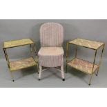 A pair of gilt metal fame rectangular faux marble two tier etagere,