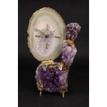 An ornate gilt metal mounted amethyst geode and banded agate timepiece, second half 20th century,