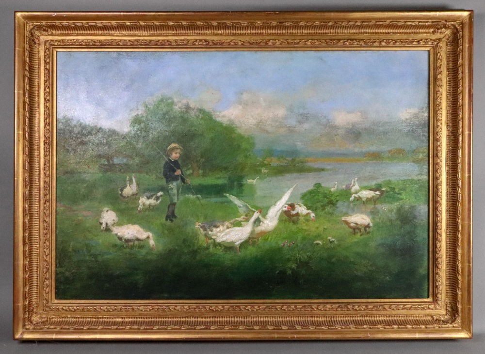 A textured reproduction colour print of a boy with geese in a landscape, 45 x 67cm. - Image 2 of 2