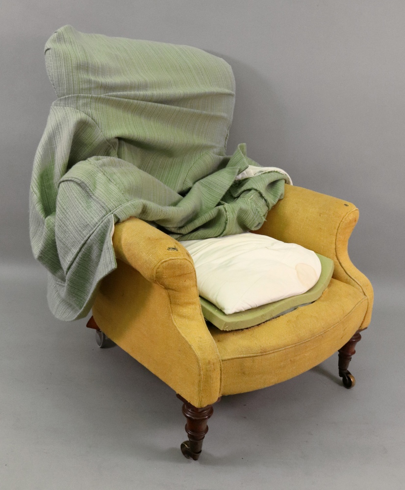 A Victorian button down upholstered armchair, on turned legs, with green loose cover. - Image 2 of 3