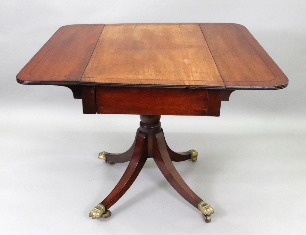 A Regency mahogany ebony strung breakfast table, with hinged drop leaves, end drawer, - Image 2 of 2