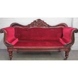 An early Victorian mahogany framed scroll end sofa, on turned supports, 184cm wide x 102cm high.