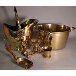 Metalware, including; a large 19th century brass cooking pot with twin handles, 42cm,