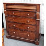 An early Victorian mahogany chest, with cushion frieze drawer over dummy drop drawer,