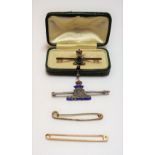 A gold, rose diamond and pearl set and enamelled bar brooch,