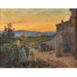 Fred Stead (1863-1940),Sisters in a farmyard at dusk, oil on canvas, 34.5cm x 44.5cm. Illustrated.