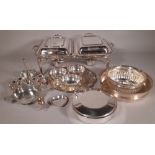 Plated wares, including; an entree dish set with burners,a plated salver, bowls and sundry, (qty).