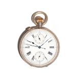 A silver cased, keyless wind, openfaced gentleman's 30 minute recording pocket watch,