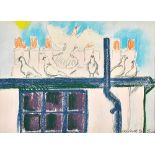 John Bratby (1928-1992), The Doves by the chimneys, pastel, signed and inscribed, 24cm x 33cm.