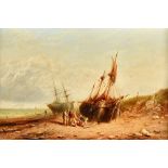 George Dodgson Callow (1829-1879), Fisherfolk and beached boats on the shore, oil on canvas,