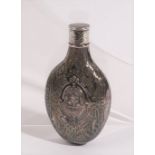 A Victorian silver spirit flask, of oval form with engraved decoration, having a screw top,