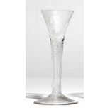 A small Jacobite wine glass, mid-18th century, the drawn trumpet bowl engraved with a rose,