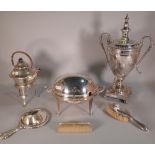 Silver and silver plated wares, including; an early 20th century twin handled urn, 52cm high,