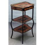 A late 19th century French floral marquetry inlaid and ebonised three tier etagere,