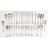 Silver double struck fiddle and thread pattern table flatware, comprising; ten table forks,