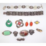 A group of jewellery, comprising; a Mexican panel link bracelet, with pierced decoration,