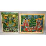 A similar pair of modern Balanese paintings on canvas of village scenes, each signed indistictly,