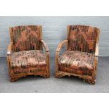 A pair of Art Deco beech framed open armchairs, on carved block supports, 58cm wide x 67cm high.